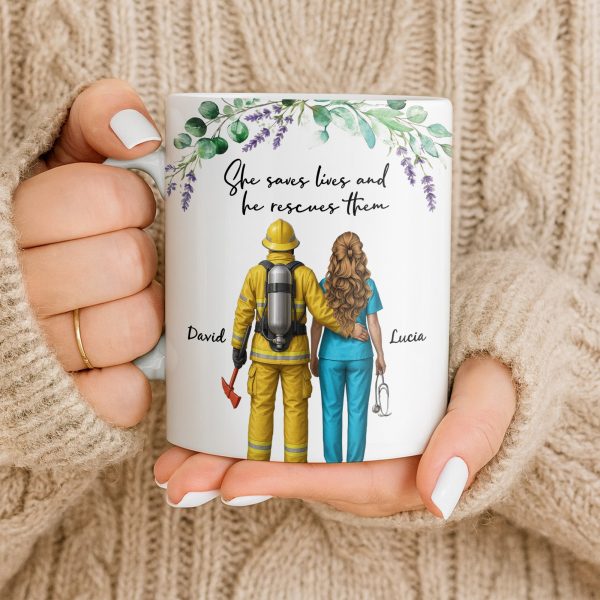 She Saves Lives And He Rescues Them, Featuring Firefighter And Nurse - Personalized Custom Coffee Mug - CPL1207_MG