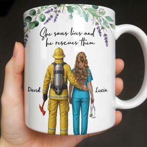 She Saves Lives And He Rescues Them, Featuring Firefighter And Nurse - Personalized Custom Coffee Mug - CPL1207_MG