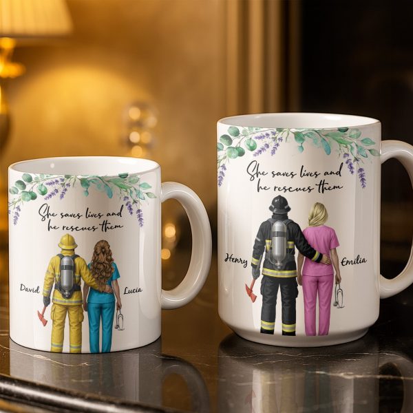 She Saves Lives And He Rescues Them, Featuring Firefighter And Nurse - Personalized Custom Coffee Mug - CPL1207_MG