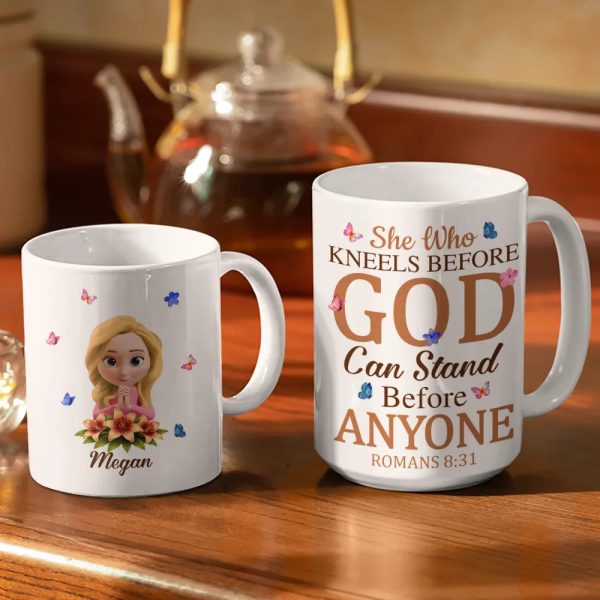 She Who Kneels Before God Can Stand Before - Personalized White Edge-to-Edge Mug