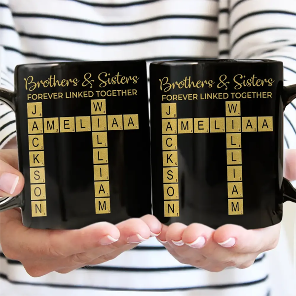 Sibling Brothers & Sisters Forever Linked Together Crossword Scrabble - Personalized Mug