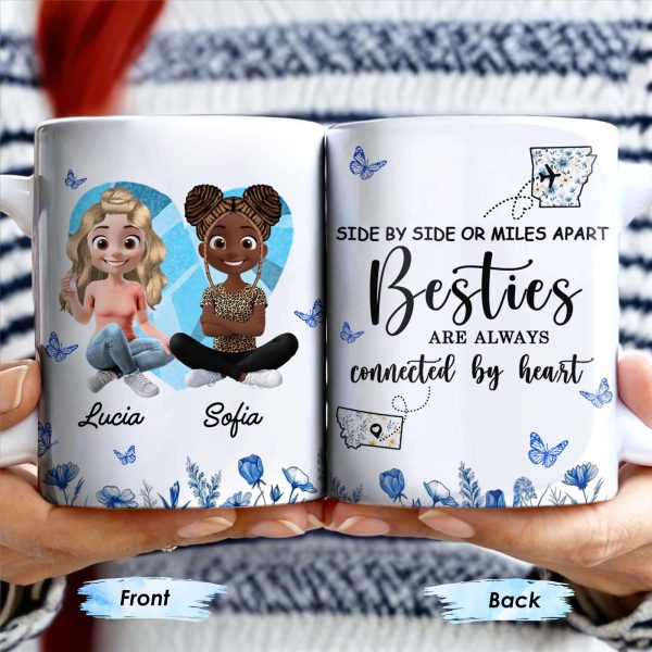 Side By Side Or Miles Apart, Besties Are Always Connected By Heart, Butterflies and Flowers - Personalized Custom Coffee Mug - BST168_MG