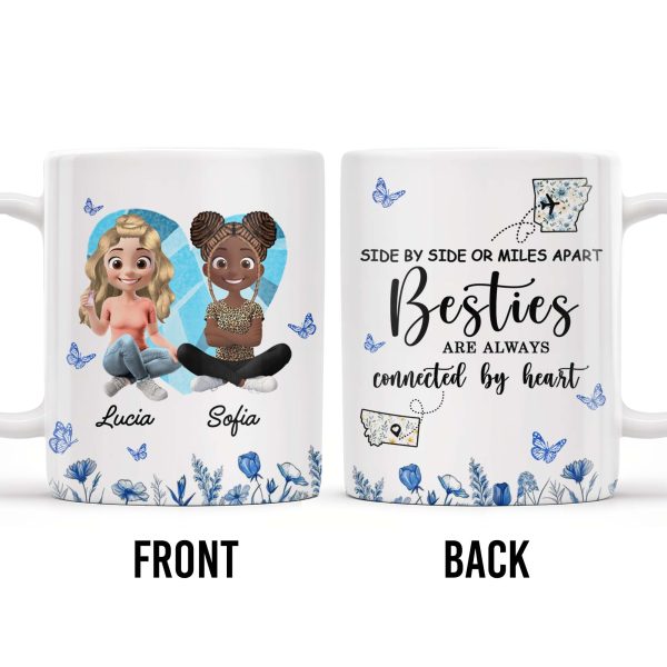 Side By Side Or Miles Apart, Besties Are Always Connected By Heart, Butterflies and Flowers - Personalized Custom Coffee Mug - BST168_MG