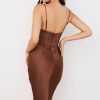 Silky Cowl Neck Corset Satin Midi Cocktail Dress - Coffee