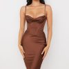 Silky Cowl Neck Corset Satin Midi Cocktail Dress - Coffee
