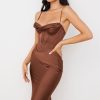 Silky Cowl Neck Corset Satin Midi Cocktail Dress - Coffee