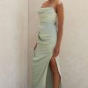 Silky High Slit Strapless Ruched Satin Maxi Dress - Sage Green
