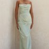Silky High Slit Strapless Ruched Satin Maxi Dress - Sage Green