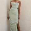 Silky High Slit Strapless Ruched Satin Maxi Dress - Sage Green