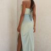 Silky High Slit Strapless Ruched Satin Maxi Dress - Sage Green