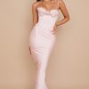 Silky Satin Bustier Spaghetti Strap Corset Formal Maxi Dress - Pink