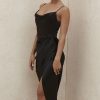 Silky Satin Cowl Neck High Slit Cocktail Party Midi Dress - Black