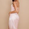 Silky Satin Cowl Neck High Slit Cocktail Party Midi Dress - Pink