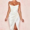 Silky Satin Cowl Neck High Slit Cocktail Party Midi Dress - White