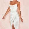 Silky Satin Cowl Neck High Slit Cocktail Party Midi Dress - White