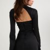 Silky Satin High Neck Long Sleeve Cutout Party Mini Dress - Black