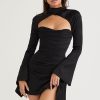 Silky Satin High Neck Long Sleeve Cutout Party Mini Dress - Black