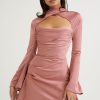 Silky Satin High Neck Long Sleeve Cutout Party Mini Dress - Pink