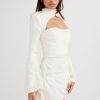 Silky Satin High Neck Long Sleeve Cutout Party Mini Dress - White