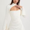 Silky Satin High Neck Long Sleeve Cutout Party Mini Dress - White