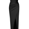 Silky Satin Notch V Strapless Draped Cocktail Party Midi Dress - Black