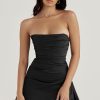 Silky Satin Pleated Trim Corset Strapless Party Mini Dress - Black