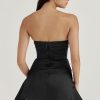 Silky Satin Pleated Trim Corset Strapless Party Mini Dress - Black