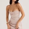 Silky Satin Pleated Trim Corset Strapless Party Mini Dress - Champagne