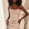 Silky Satin Pleated Trim Corset Strapless Party Mini Dress - Champagne