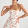 Silky Satin Pleated Trim Corset Strapless Party Mini Dress - Floral