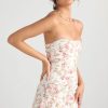Silky Satin Pleated Trim Corset Strapless Party Mini Dress - Floral