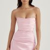 Silky Satin Pleated Trim Corset Strapless Party Mini Dress - Pink