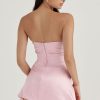 Silky Satin Pleated Trim Corset Strapless Party Mini Dress - Pink