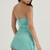 Silky Satin Pleated Trim Corset Strapless Party Mini Dress - Turquoise