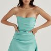 Silky Satin Pleated Trim Corset Strapless Party Mini Dress - Turquoise