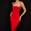 Silky Satin Square Neck Cami Slip Cocktail Party Midi Dress - Red