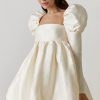 Silky Satin Square Neck Puff Sleeve Babydoll Mini Dress - Beige