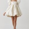 Silky Satin Square Neck Puff Sleeve Babydoll Mini Dress - Beige