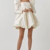 Silky Satin Square Neck Puff Sleeve Babydoll Mini Dress - Beige
