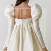 Silky Satin Square Neck Puff Sleeve Babydoll Mini Dress - Beige