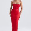 Silky Spaghetti Strap Sleeveless Corset Satin Evening Maxi Dress - Red