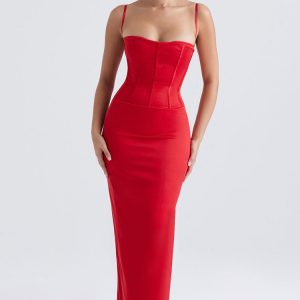 Silky Spaghetti Strap Sleeveless Corset Satin Evening Maxi Dress - Red