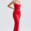 Silky Spaghetti Strap Sleeveless Corset Satin Evening Maxi Dress - Red