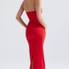 Silky Spaghetti Strap Sleeveless Corset Satin Evening Maxi Dress - Red