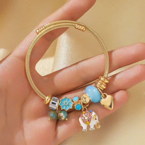 Silver Elephant and Heart Tree Charm Cuff Bracelet for Women