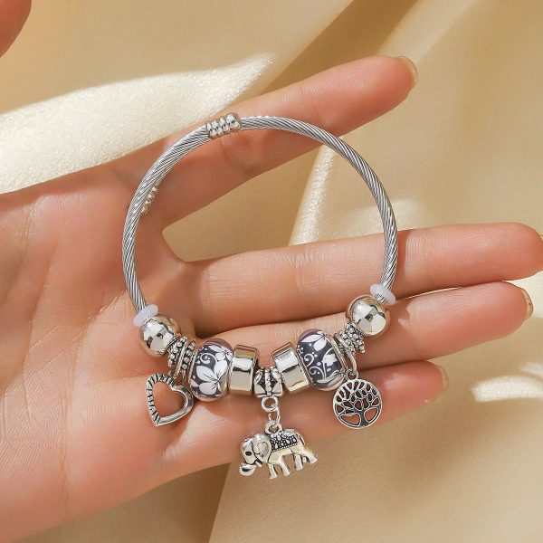 Silver Elephant and Heart Tree Charm Cuff Bracelet for Women