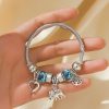 Silver Elephant and Heart Tree Charm Cuff Bracelet for Women