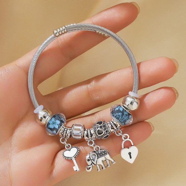 Silver Elephant and Heart Tree Charm Cuff Bracelet for Women