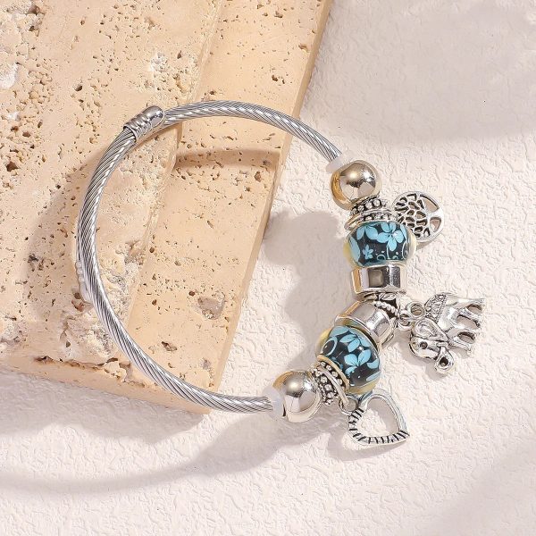 Silver Elephant and Heart Tree Charm Cuff Bracelet for Women