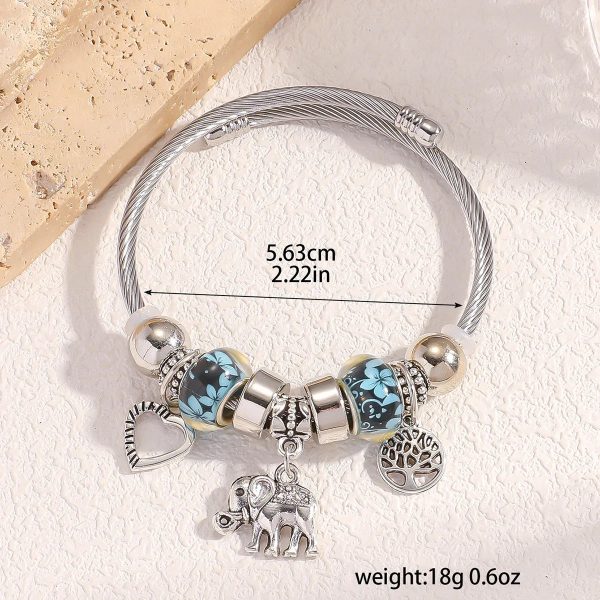Silver Elephant and Heart Tree Charm Cuff Bracelet for Women